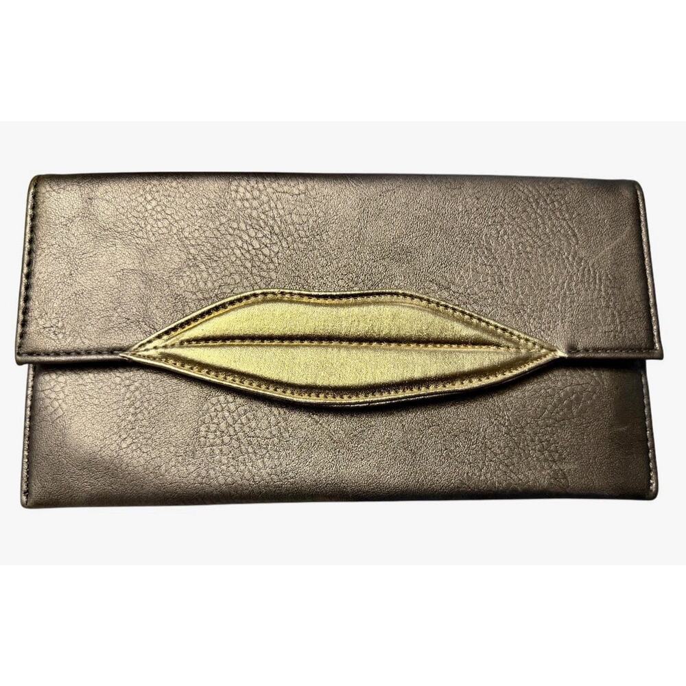 Bronze‎ + Gold Metallic Vegan‑Leather Lip‑Flap Clutch (11 x 6)